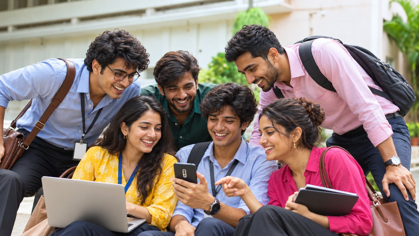 A small group of young people gathered around a laptop and phone, smiling as they work on something together