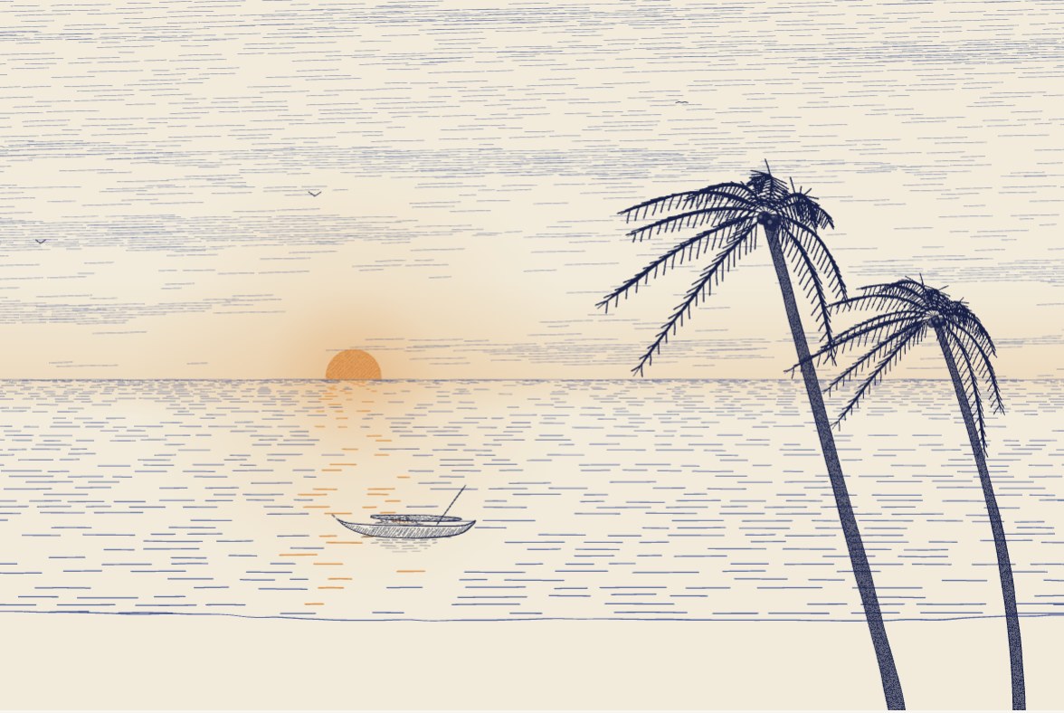 A Susegad postcard: an engraved Goan sunset over the sea, with two coconut palms and a fishing boat